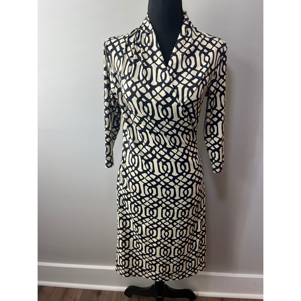 J.McLaughlin Black Cream Geometric Link Faux Wrap Sheath Dress XS 3/4 Sleeve